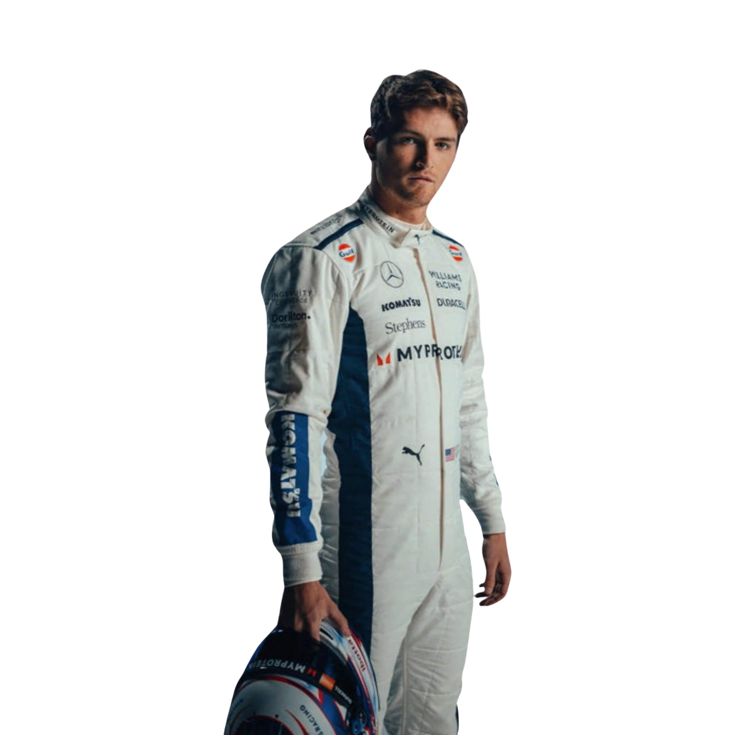 Close-up of Logan Sargeant's 2024 F1 race suit, displaying the blue material with white and red stitching and sponsor logos for added clarity.
