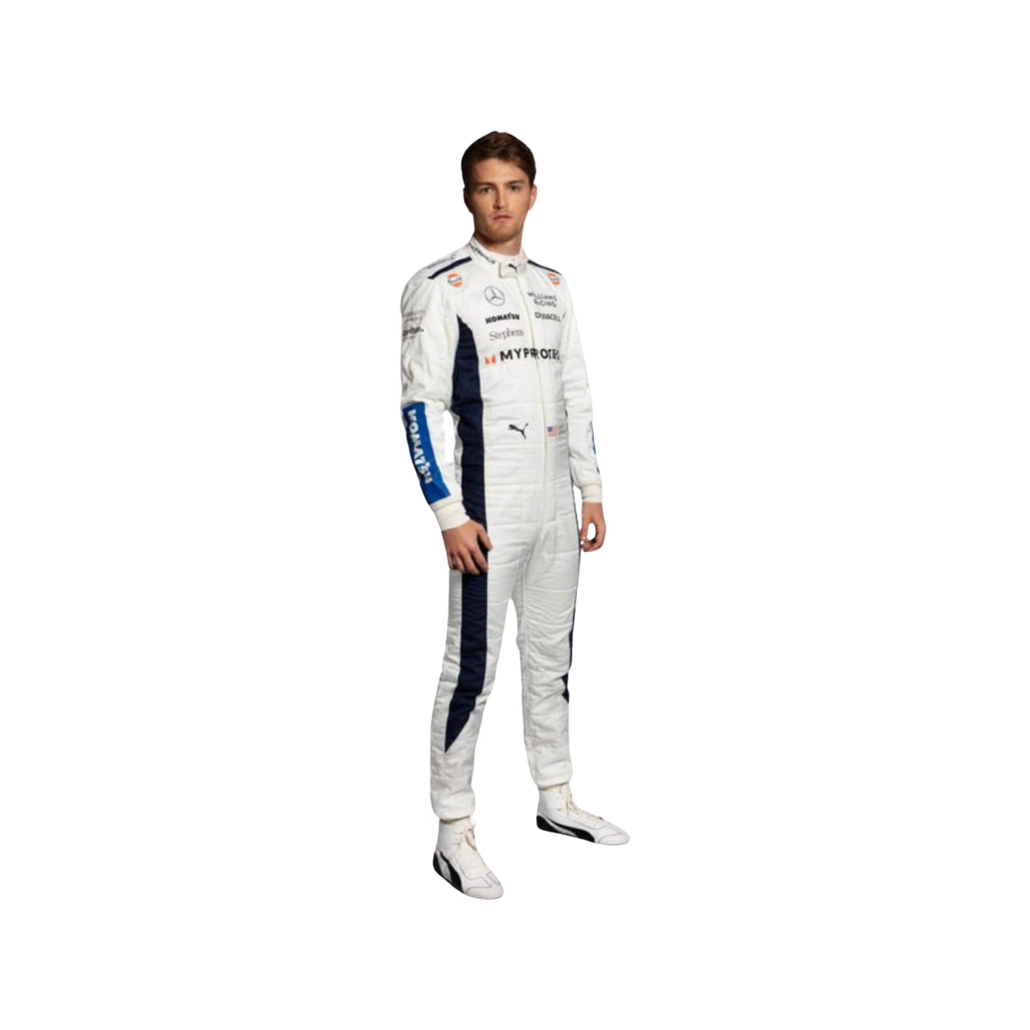 Front view of Logan Sargeant's 2024 F1 racing suit in blue with white and red accents, showcasing sponsor logos and a sleek, race-ready design.