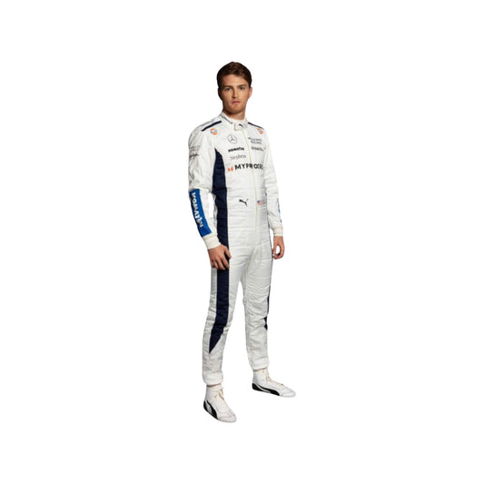 Front view of Logan Sargeant's 2024 F1 racing suit in blue with white and red accents, showcasing sponsor logos and a sleek, race-ready design.