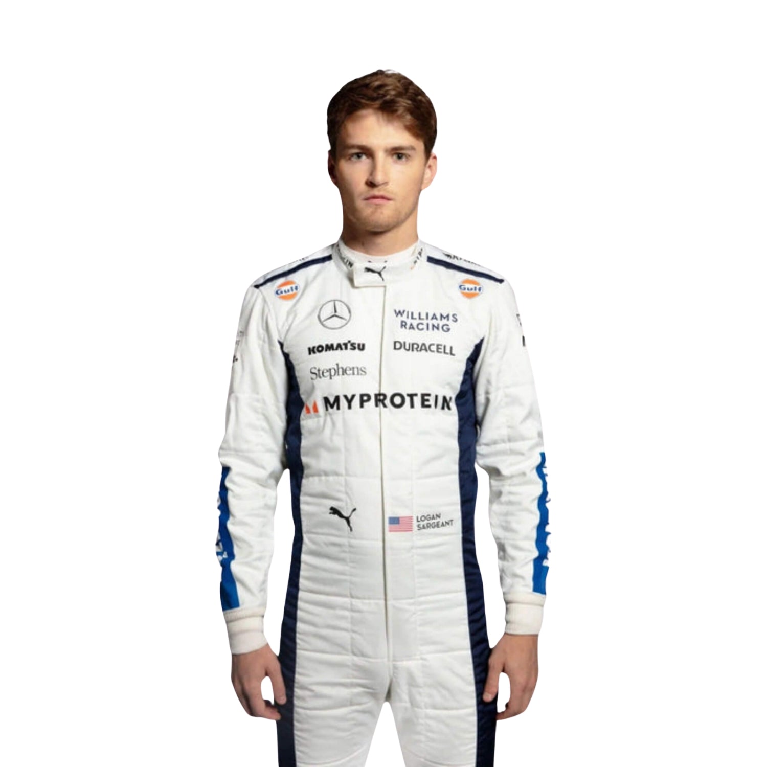 Close-up of Logan Sargeant's 2024 F1 race suit, displaying the blue material with white and red stitching and sponsor logos for added clarity.