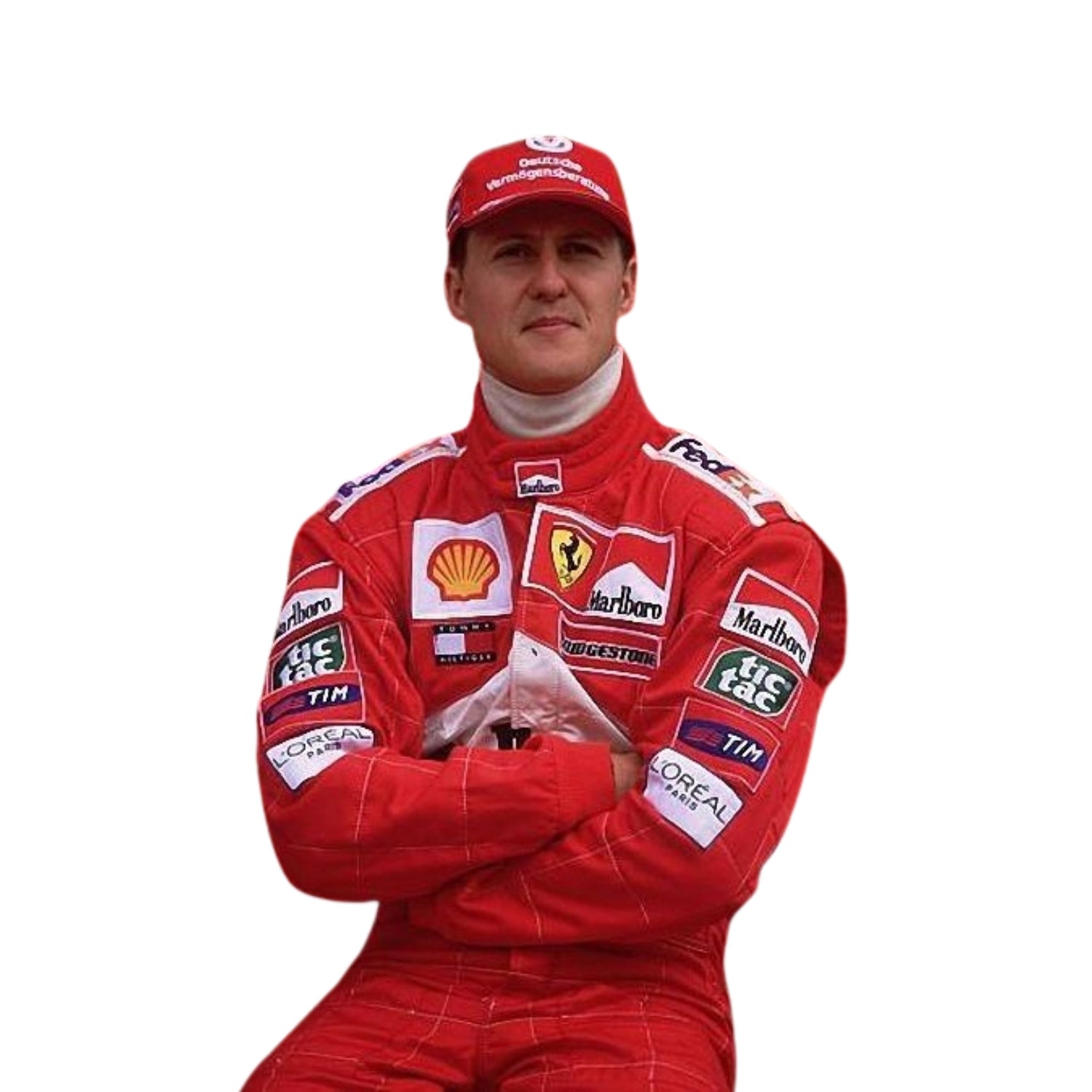 Close-up shot of Schumacher’s 2002 F1 race suit, focusing on the clean stitching, red fabric, and sponsor logos that helped define his historic year.