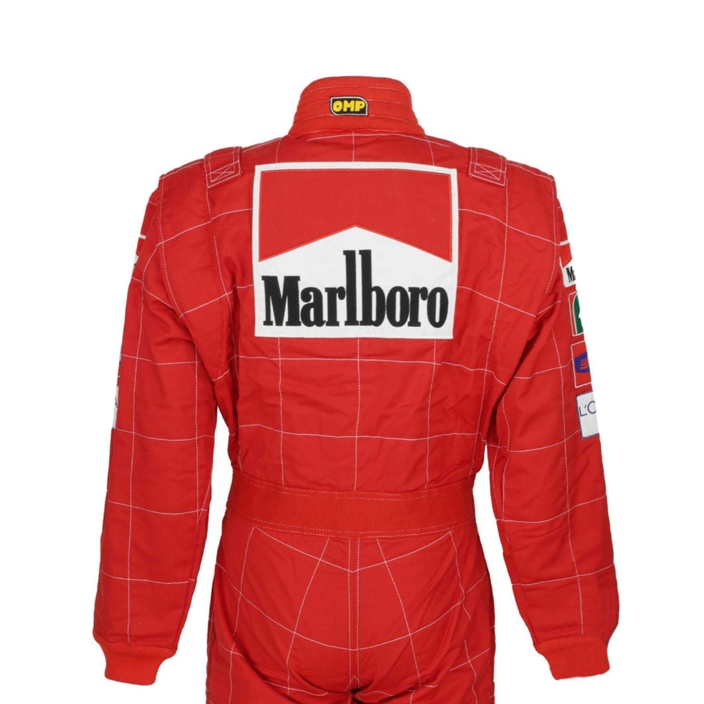 Back view of Schumacher’s 2002 F1 race suit, showcasing red with prominent white details and carefully placed sponsor logos from his record-breaking season.