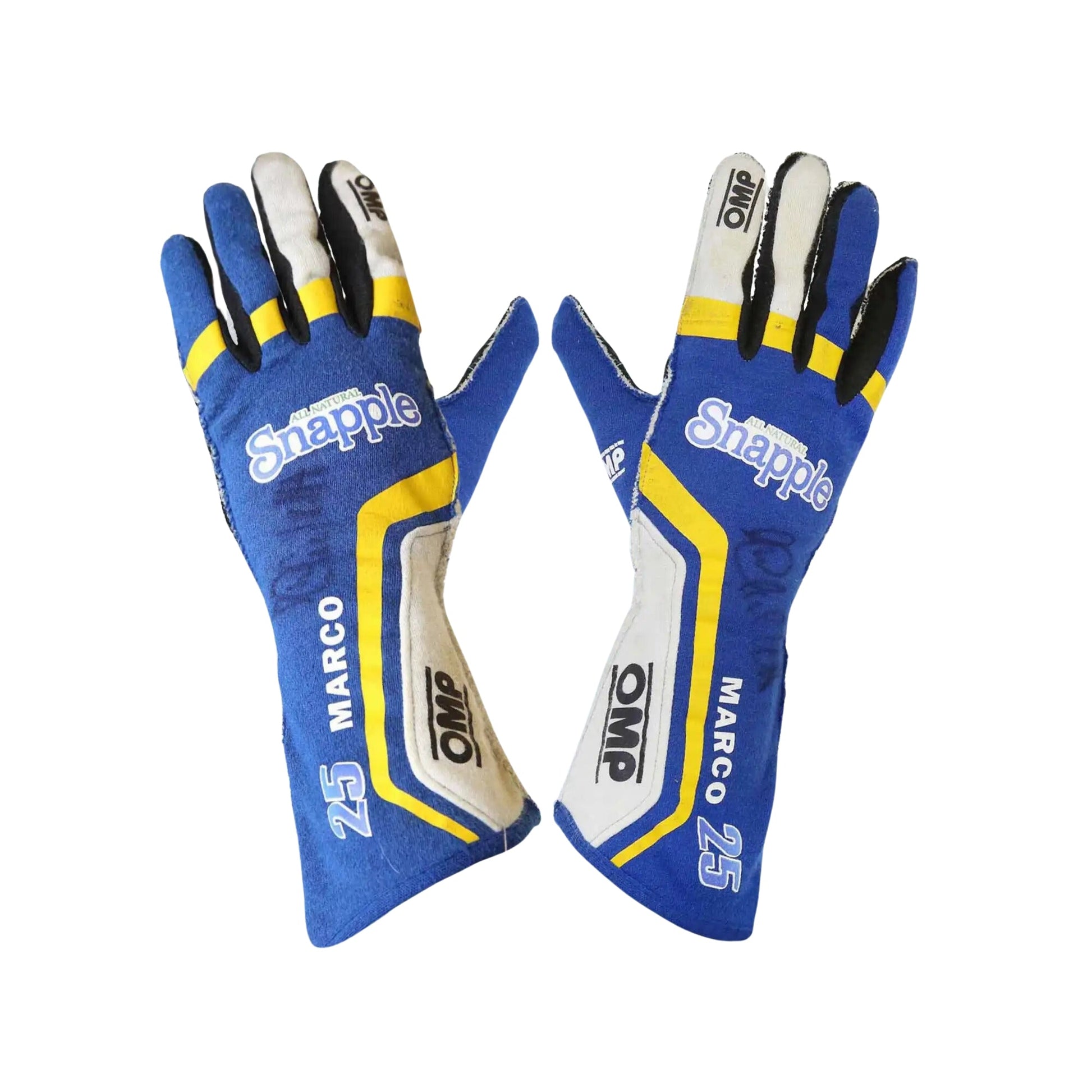Pair of blue Marco Andretti 2014 Indy 500 racing gloves with yellow and white accents on a white background