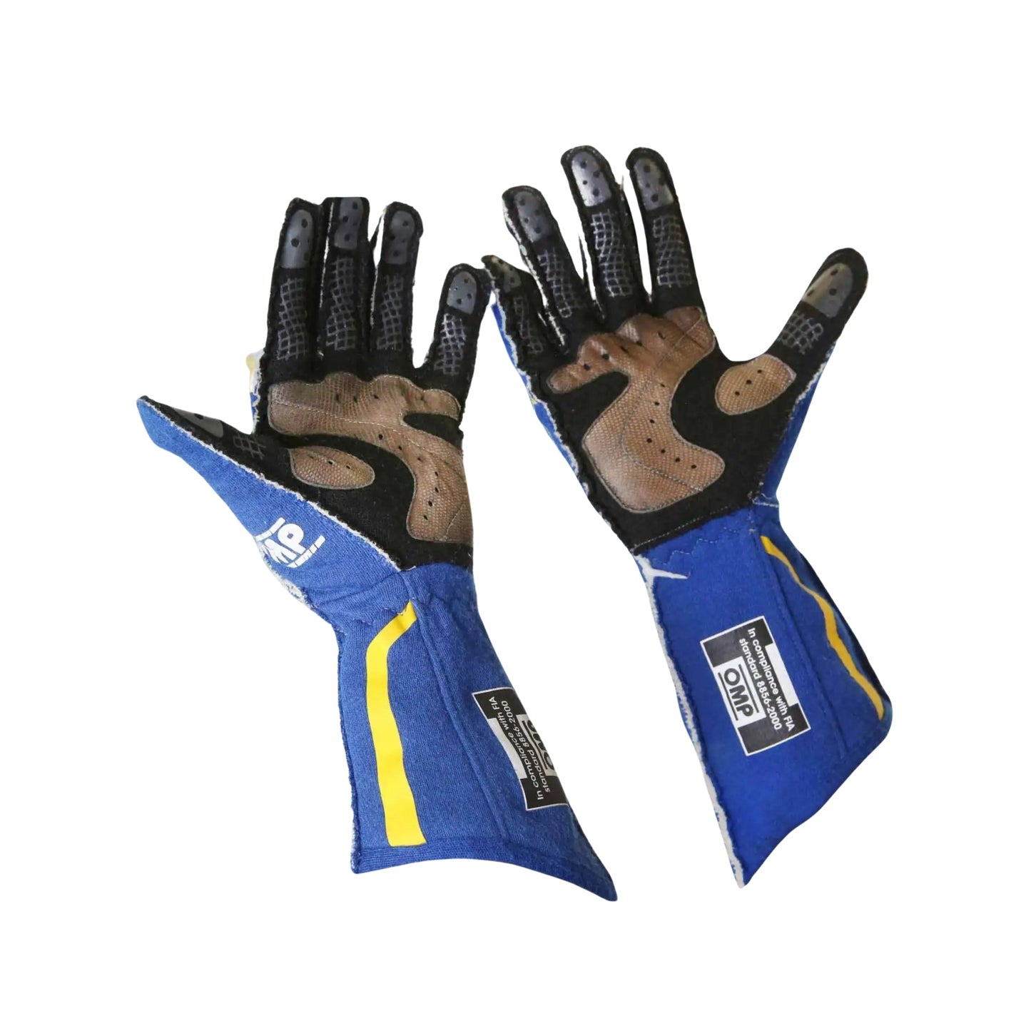 Pair of blue and black Marco Andretti 2014 Indy 500 racing gloves with yellow accents on a white background