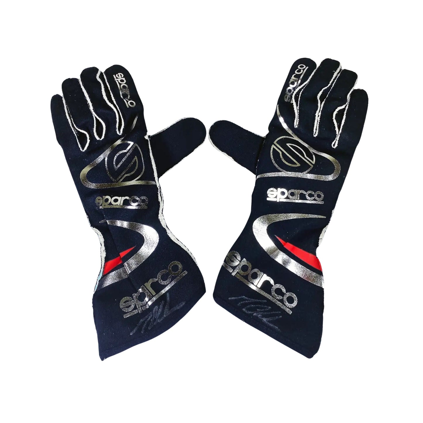 Pair of Sparco Max Chilton 2016 IndyCar racing gloves on a white background
