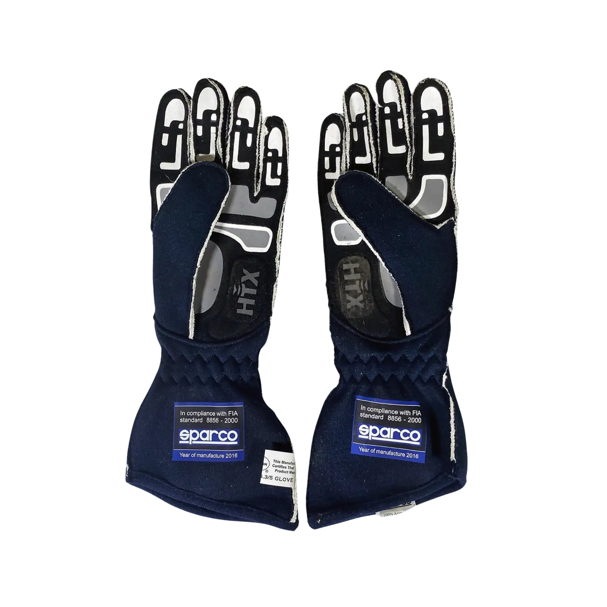 Pair of navy blue Max Chilton 2016 IndyCar racing gloves with white and gray accents on a white background