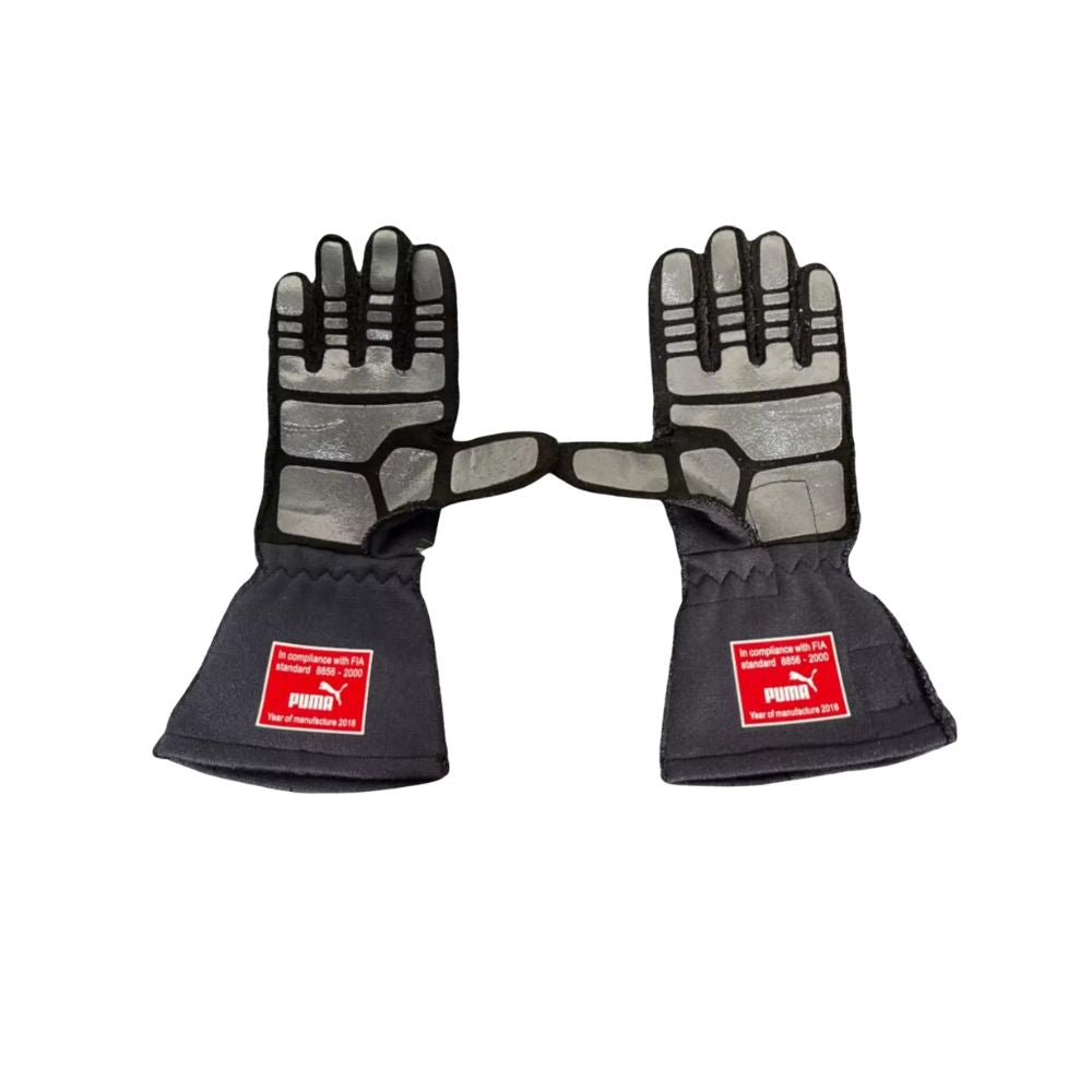 Pair of black and gray Max Verstappen 2018 F1 racing gloves with red Puma labels on a white background
