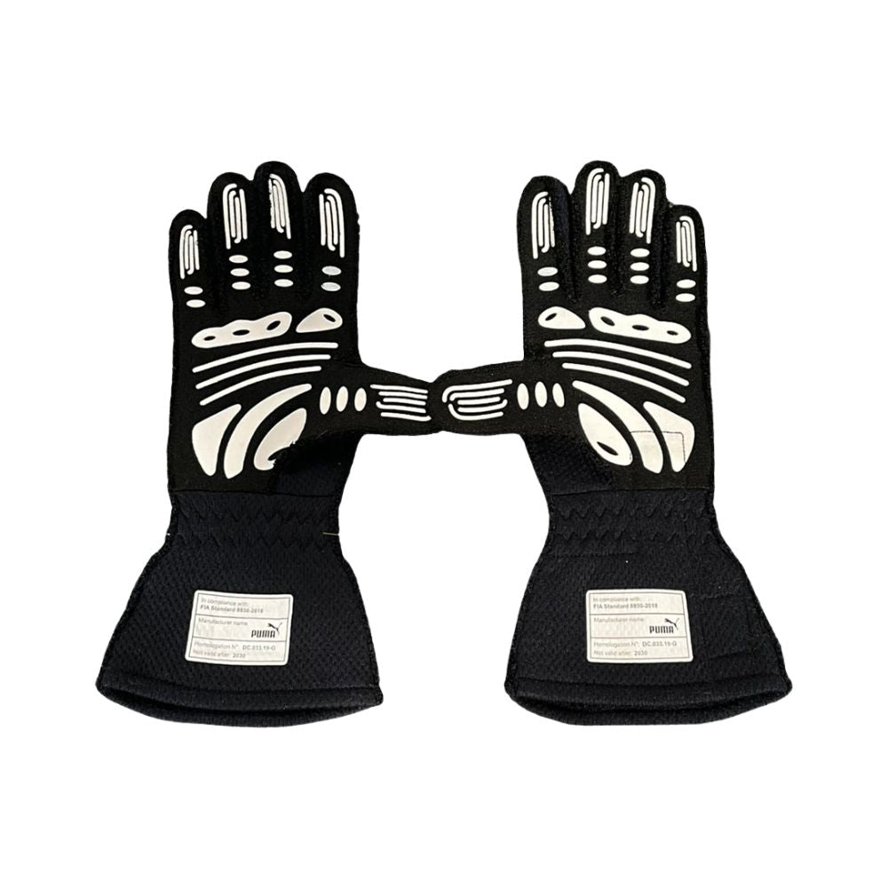 Pair of black  Max Verstappen 2020 F1 racing gloves with white patterns on a white background