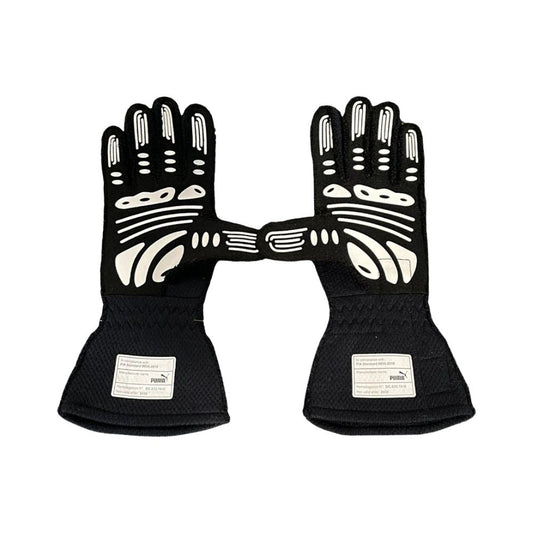 Pair of black  Max Verstappen 2020 F1 racing gloves with white patterns on a white background