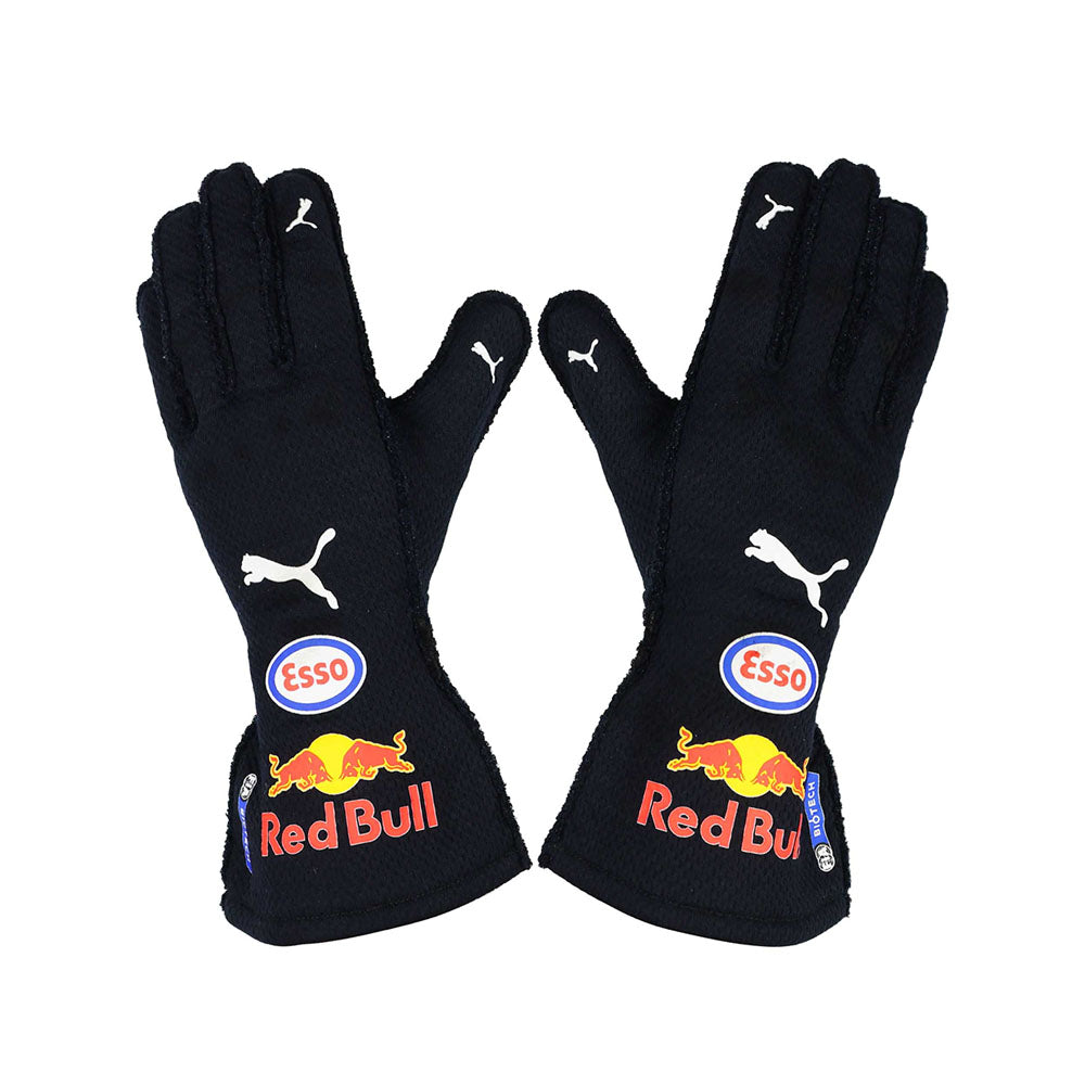 Black  Max Verstappen 2021 F1 racing gloves with Red Bull and Esso logos on a white background