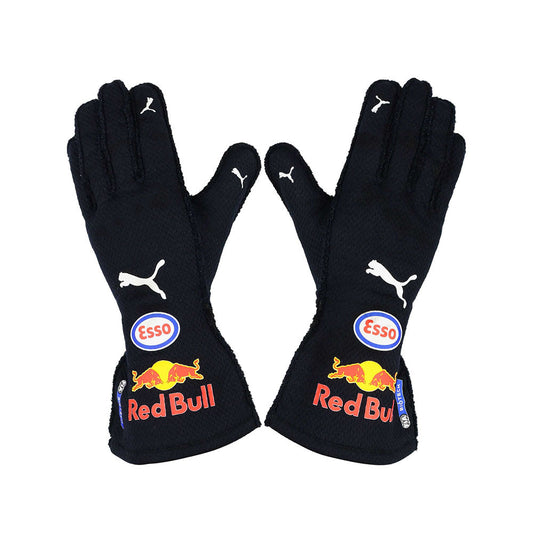 Black  Max Verstappen 2021 F1 racing gloves with Red Bull and Esso logos on a white background