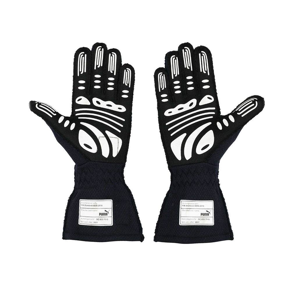 Pair of black  Max Verstappen 2021 F1 racing gloves with white patterns on a white background