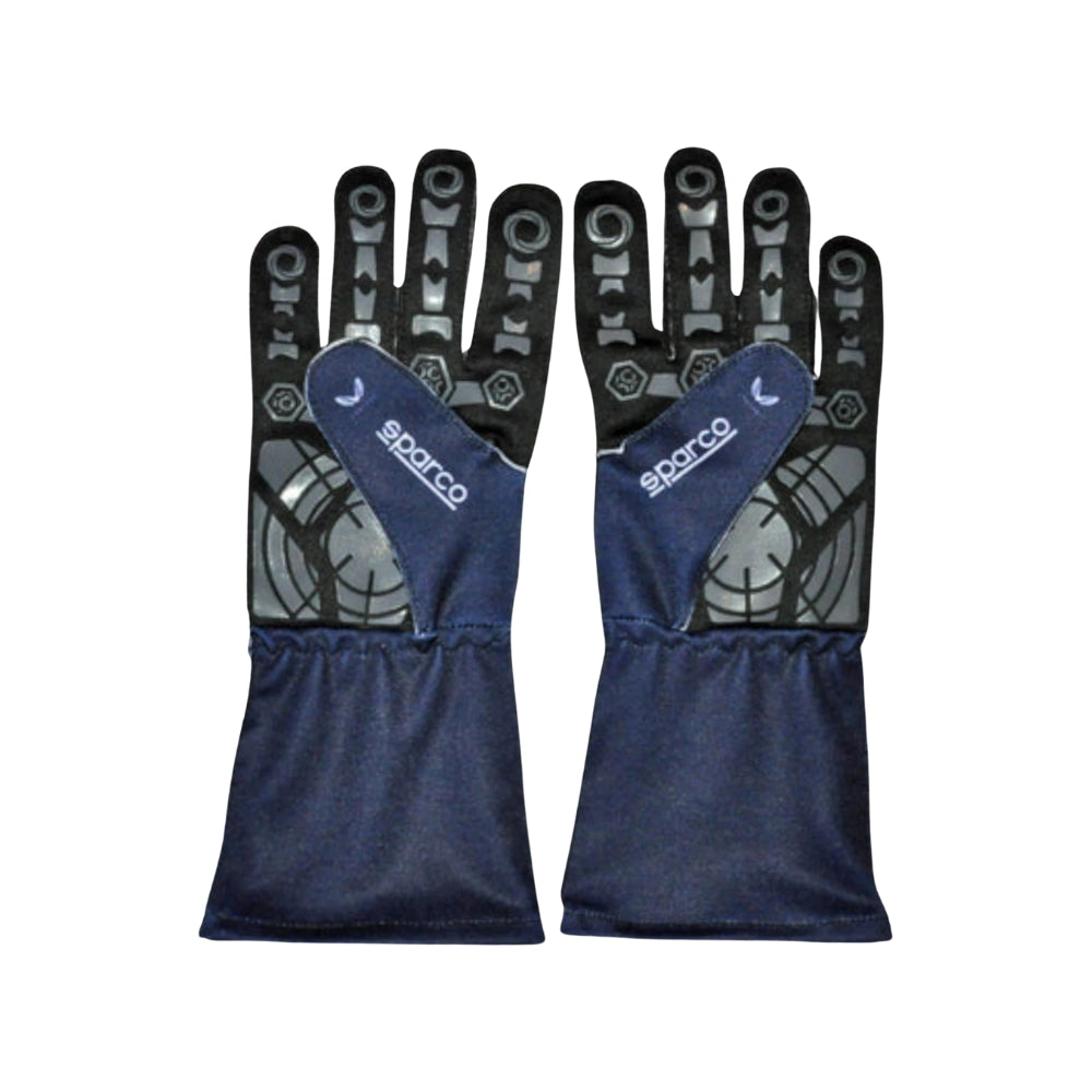 Pair of Sparco Max Verstappen 2023 F1 racing gloves on a white background