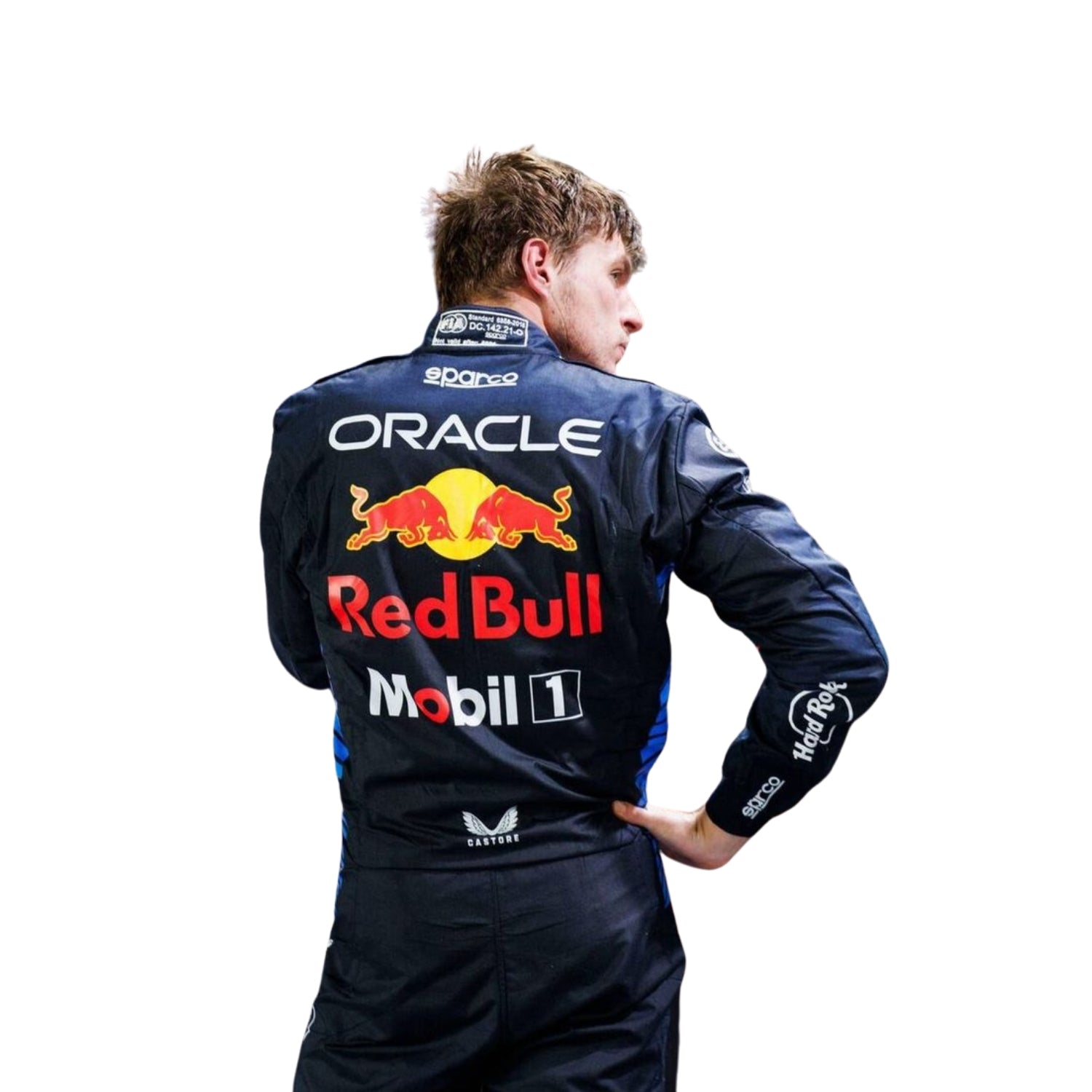 Max Verstappen's 2024 F1 racing suit, back view: predominantly navy blue with red and yellow highlights