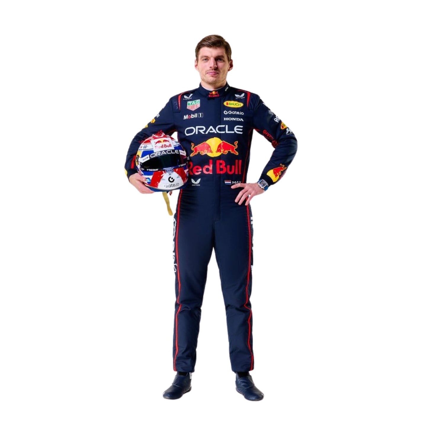 Front view of 2025 F1 racing costume worn by Max Verstappen featuring aggressive contour lines, dynamic stretch zones, and precision sponsor placement in deep navy and crimson tones