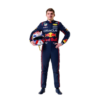 Front view of Max Verstappen 2025 holding helmet in F1 racing suit in Red Bull blue, red, and yellow with ergonomic fit