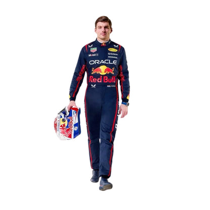 Front view of 2025 F1 racing costume worn by Max Verstappen featuring aggressive contour lines, dynamic stretch zones, and precision sponsor placement in deep navy and crimson tones