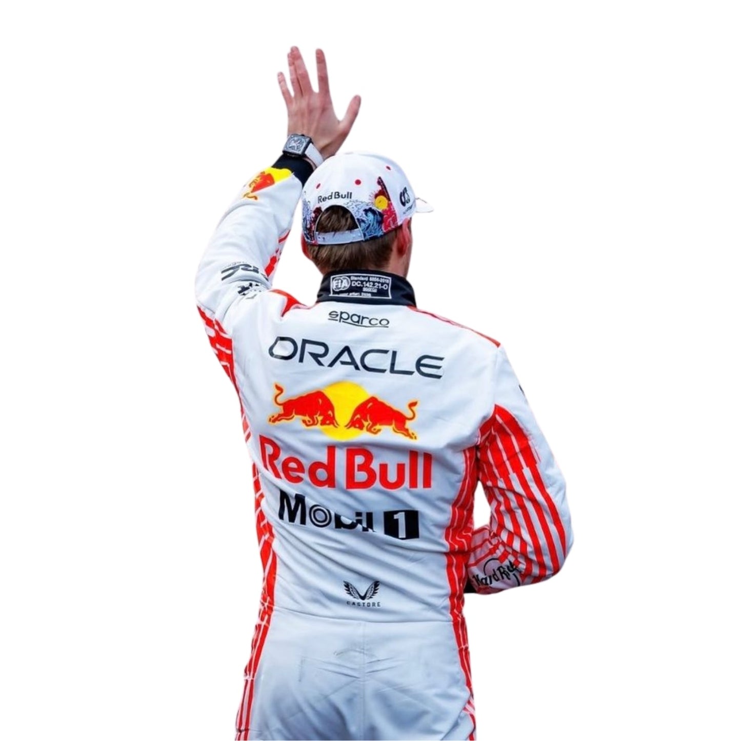 Rear view of Max Verstappen's 2025 Japanese GP race suit, showcasing personalized elements and intricate detailing.