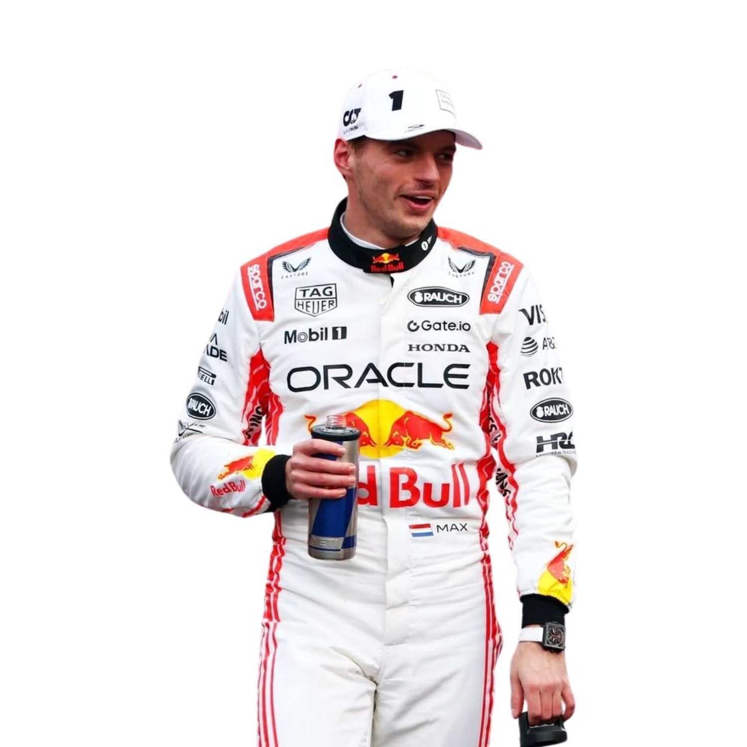 Max Verstappen in action during the 2025 Japanese Grand Prix at Suzuka, wearing his special edition white race suit with red accents.