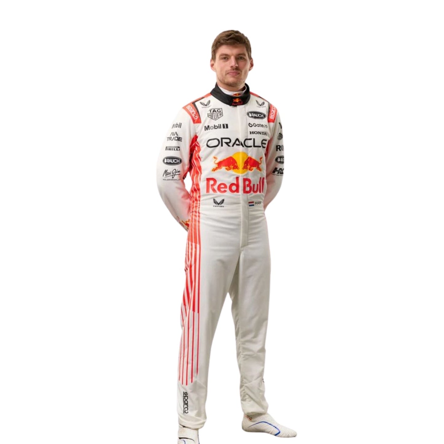 Left Side profile of Max Verstappen's 2025 race suit, highlighting the ergonomic fit and unique design elements.