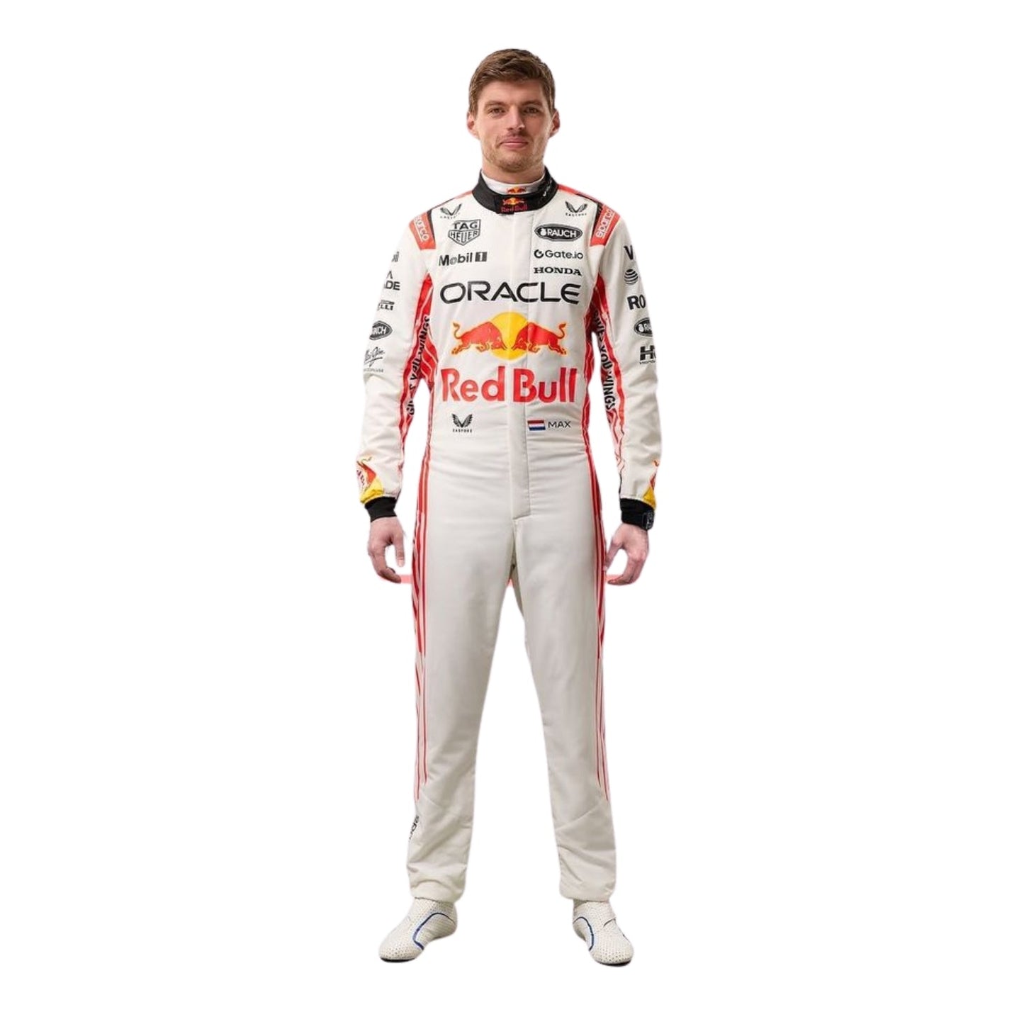 Max Verstappen's 2025 Japanese Grand Prix race suit front view, featuring a predominantly white design with red accents inspired by Japanese culture.
