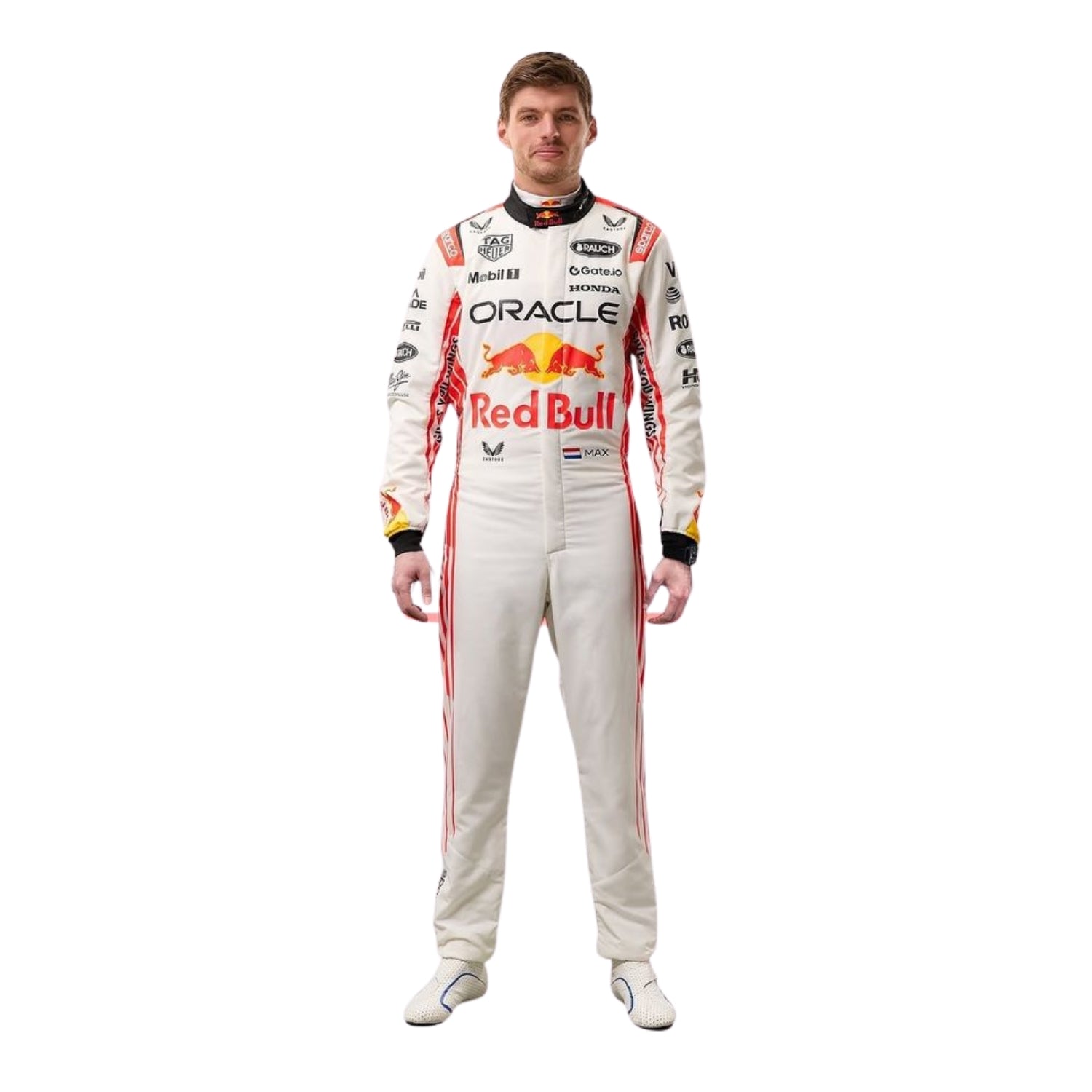 Max Verstappen's 2025 Japanese Grand Prix race suit front view, featuring a predominantly white design with red accents inspired by Japanese culture.