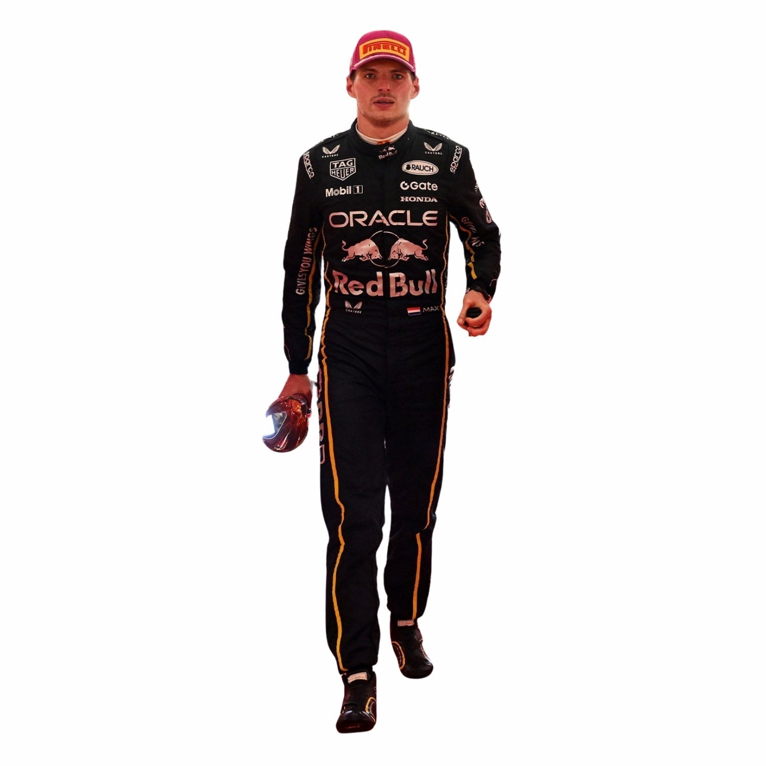 Max Verstappen wearing a Las Vegas GP F1 racing suit with Oracle and Red Bull logos on a white background