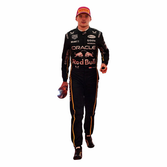 Max Verstappen wearing a Las Vegas GP F1 racing suit with Oracle and Red Bull logos on a white background