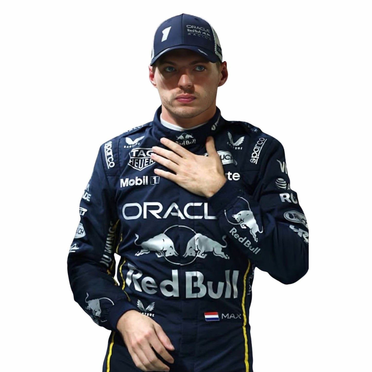 Max Verstappen wearing a Las Vegas GP Formula 1 racing suit with visible "Redbull" and "Oracle" branding on a white background