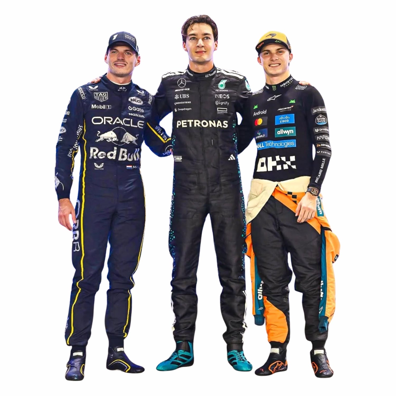 Three Formula 1 drivers, Max Verstappen, George Russell and Oscar Piastri, in Las Vegas GP F1 racing suits with visible sponsor logos on a white background