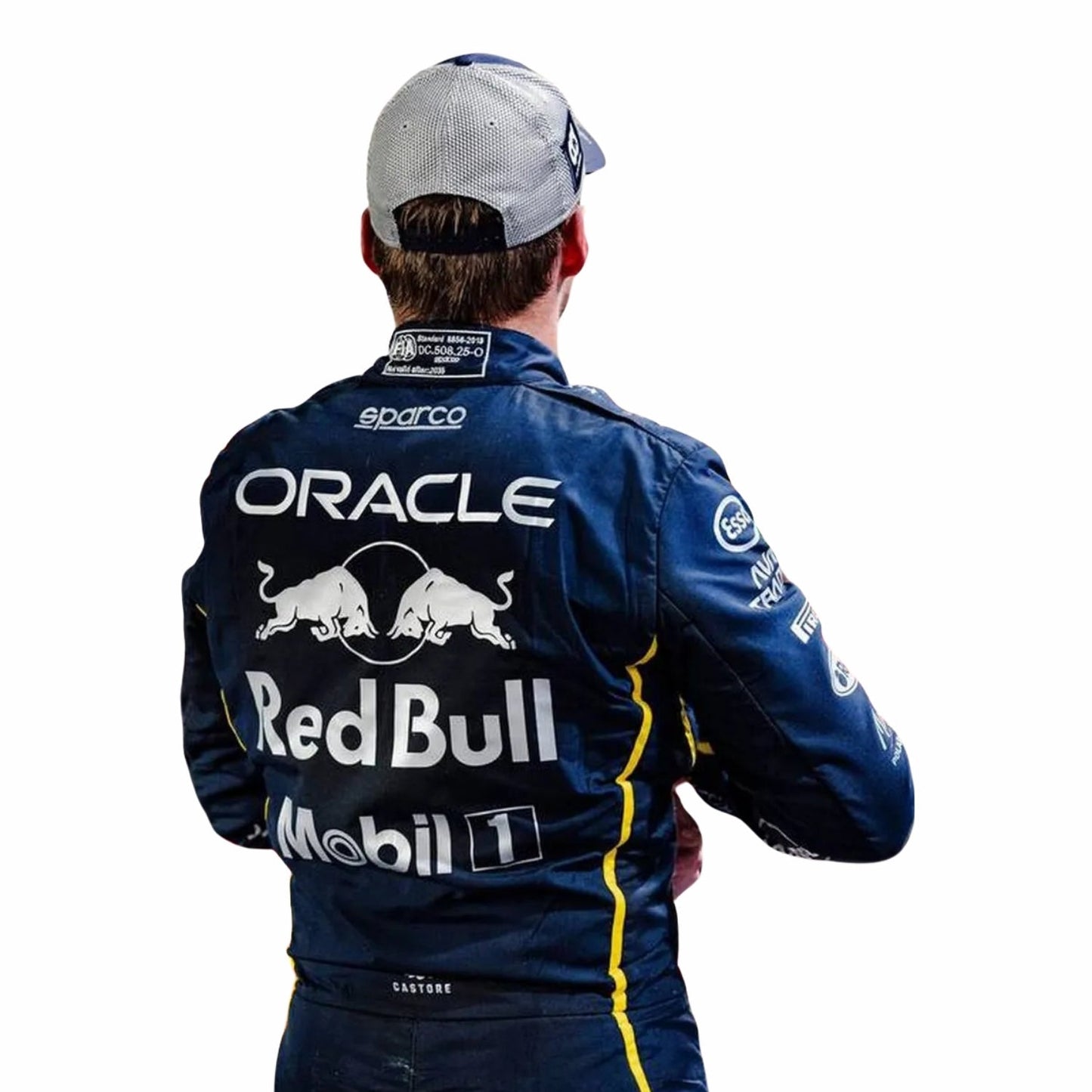Max Verstappen wearing a black F1 racing suit in Las Vegas GP with Oracle, Red Bull, and Mobil 1 logos on a white background