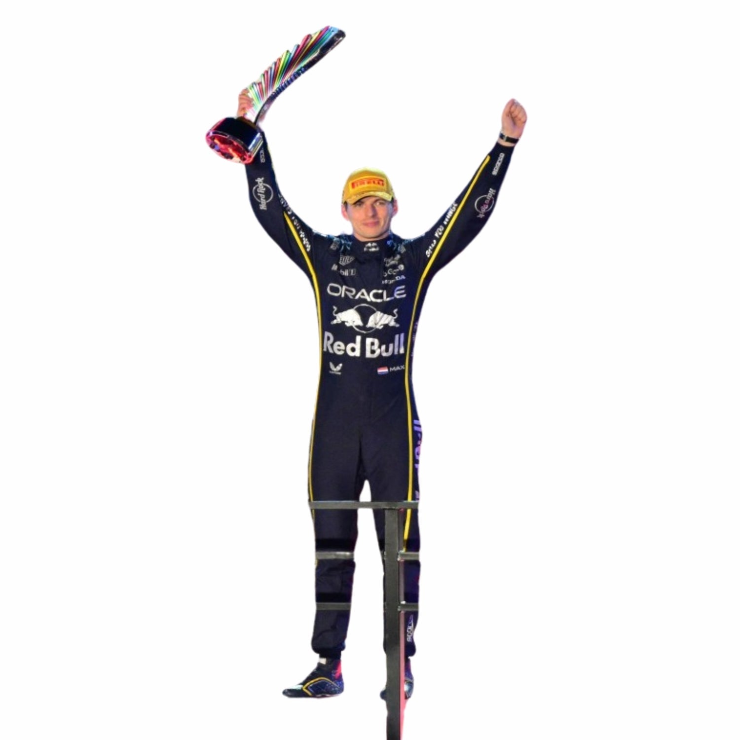 Max Verstappen in a Las Vegas GP F1 Redbull racing suit with raised arms on a white background