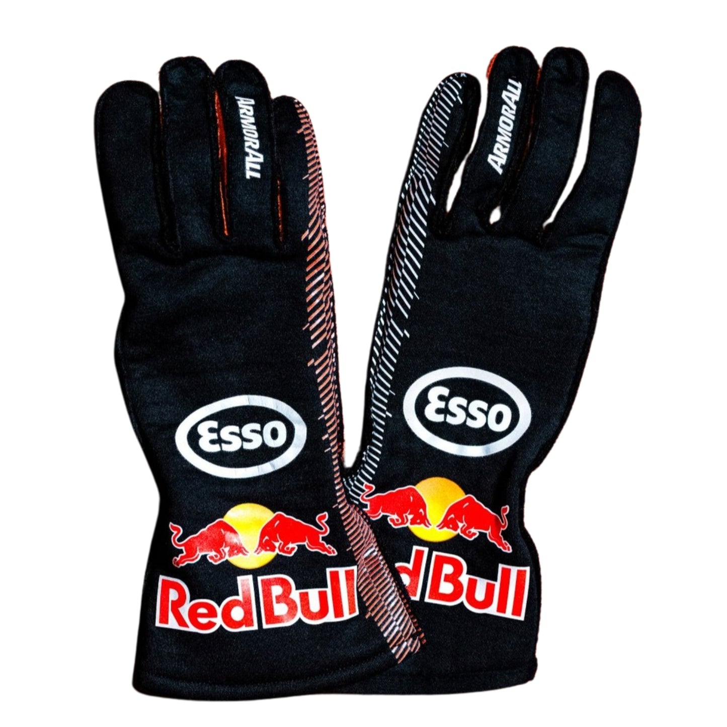 A pair of black Red Bull Racing gloves with Esso branding, featuring the red bull logo and sponsor logos on the back of the hands, shown against a plain white background.
