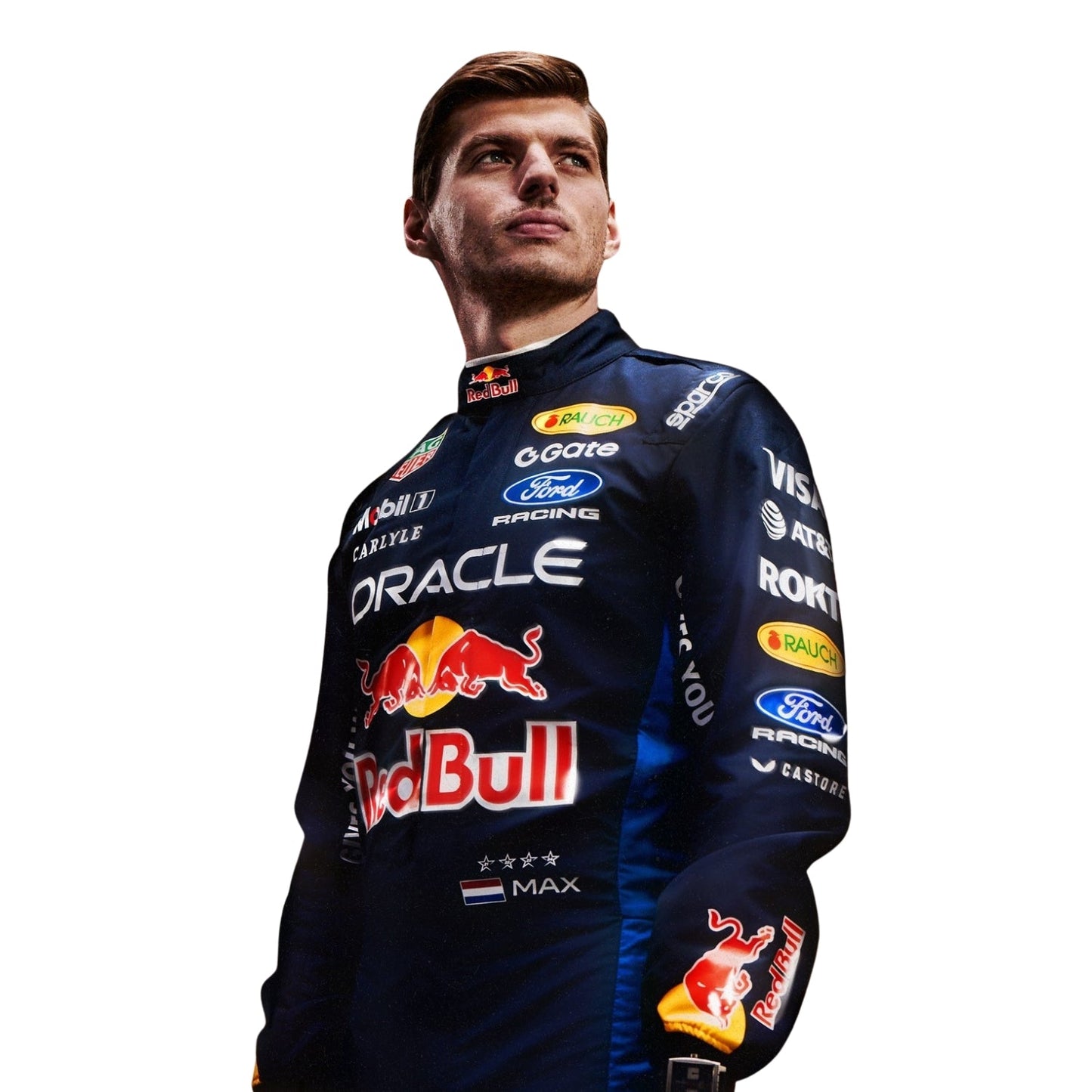 Close Up Profile of Max Verstappen Wearing 2026 F1 Racing Suit Team Red Bull