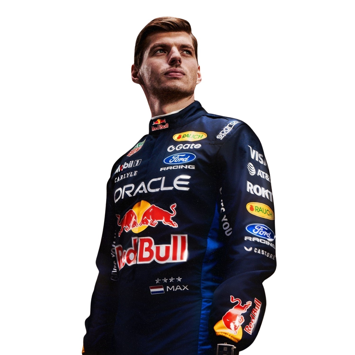 Close Up Profile of Max Verstappen Wearing 2026 F1 Racing Suit Team Red Bull