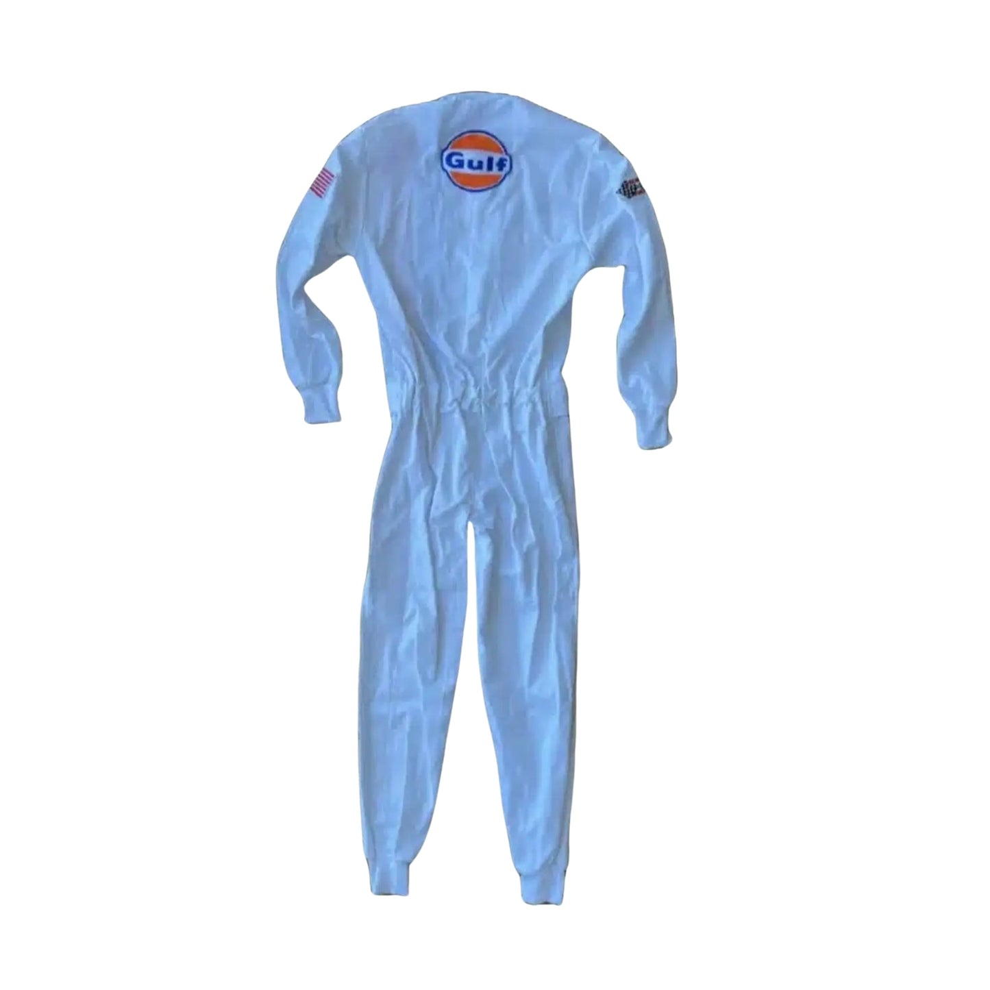 Rear shot of the 1971 Le Mans racing suit from Steve McQueen’s role as Michael Delaney, highlighting clean tailoring, minimalistic back panel, and retro silhouette.