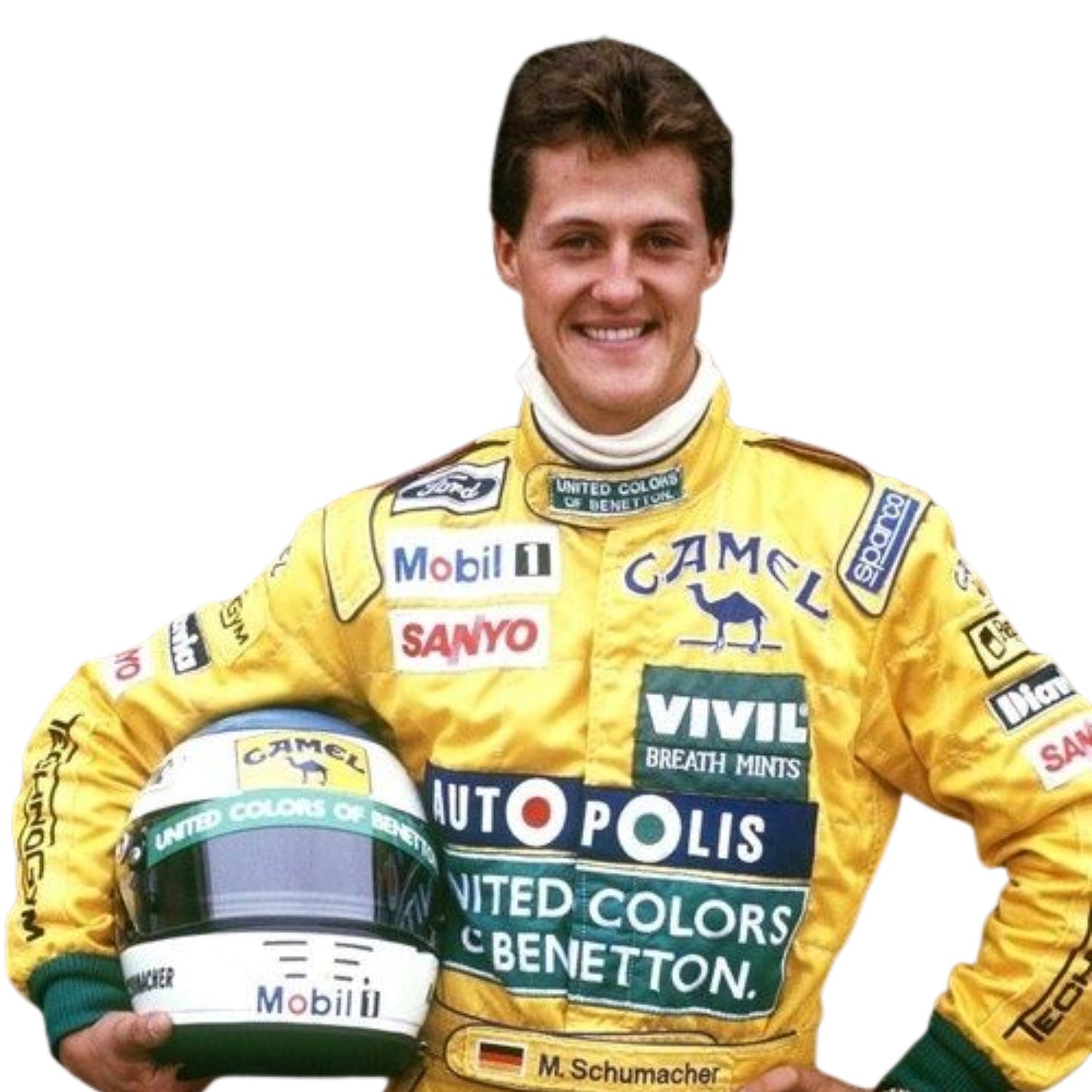 Close-up detail of the upper chest and shoulder area of the 1991 Benetton Ford suit, showing Camel logo embroidery and driver patch.