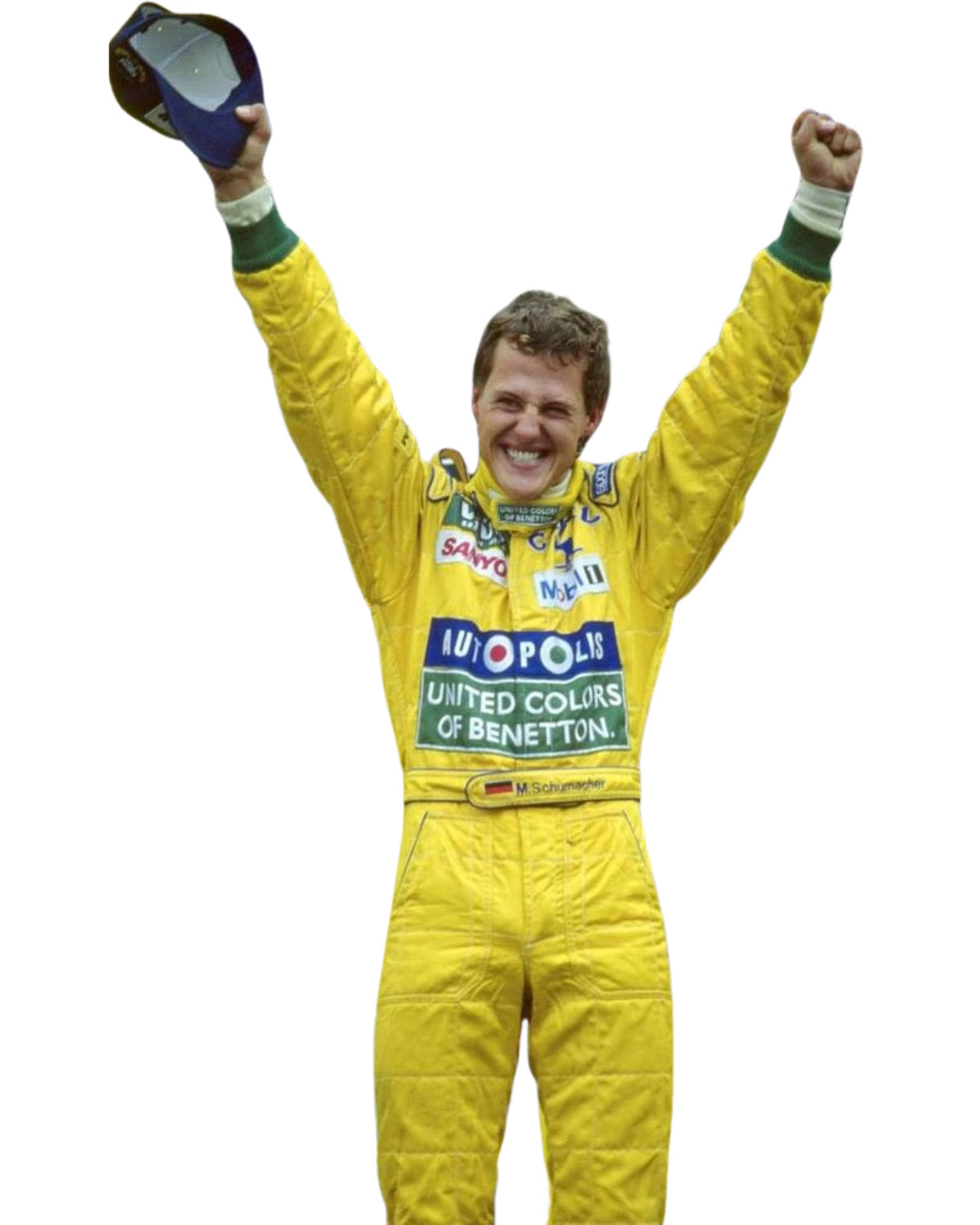 Close-up of the embroidered logos, stitching details, and breathable fabric textures from Michael Schumacher’s 1992 Benetton F1 race suit.