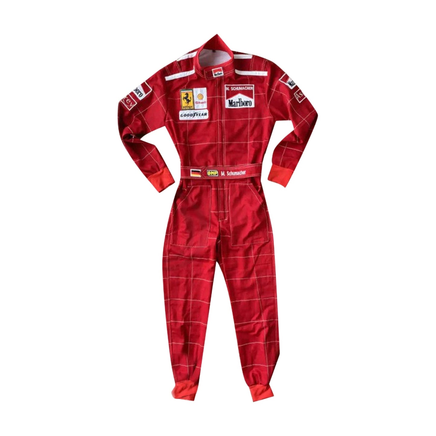 Front view of Michael Schumacher’s 1996 F1 race suit, featuring a striking red design with white accents and sponsor logos from his early years