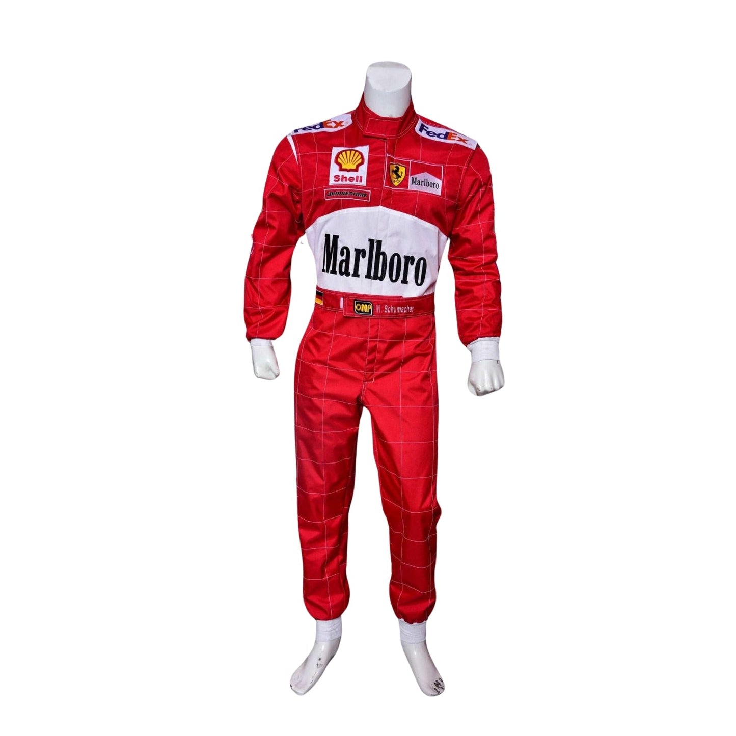 Front view of Michael Schumacher’s 2000 F1 race suit, featuring Ferrari red with white accents and sponsor logos that define his first world championship with the team.