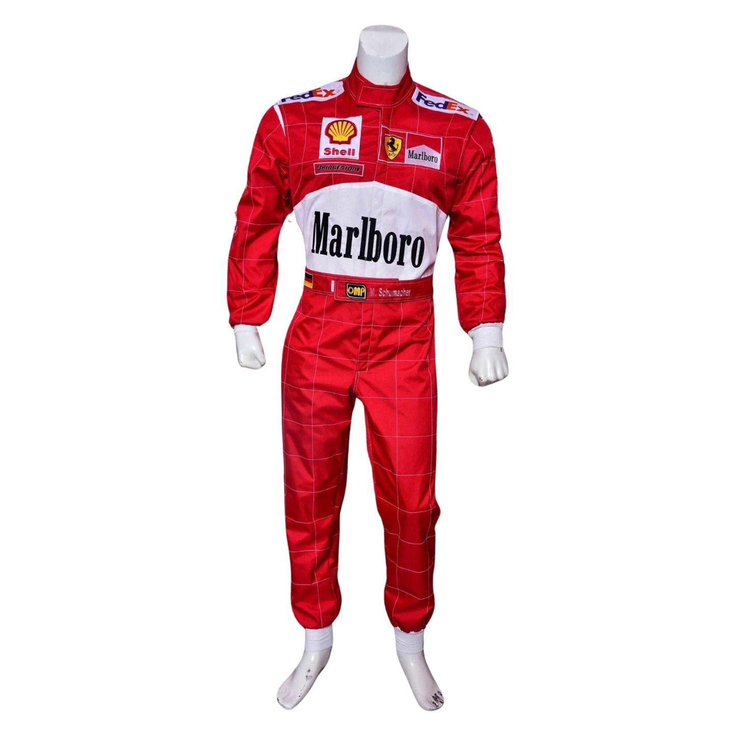 Front view of Michael Schumacher’s 2001 Belgian GP F1 racing suit in bright red, featuring stitched sponsor patches and bold yellow highlights.