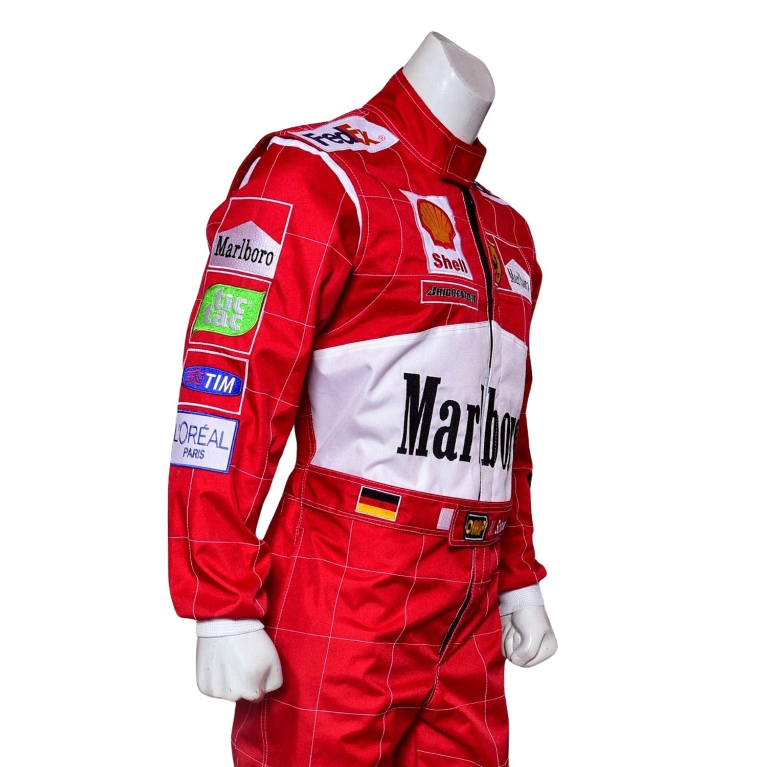 Side angle of the 2001 Schumacher F1 suit showing curved seam design, yellow accents on arms, and racing sponsor logos.
