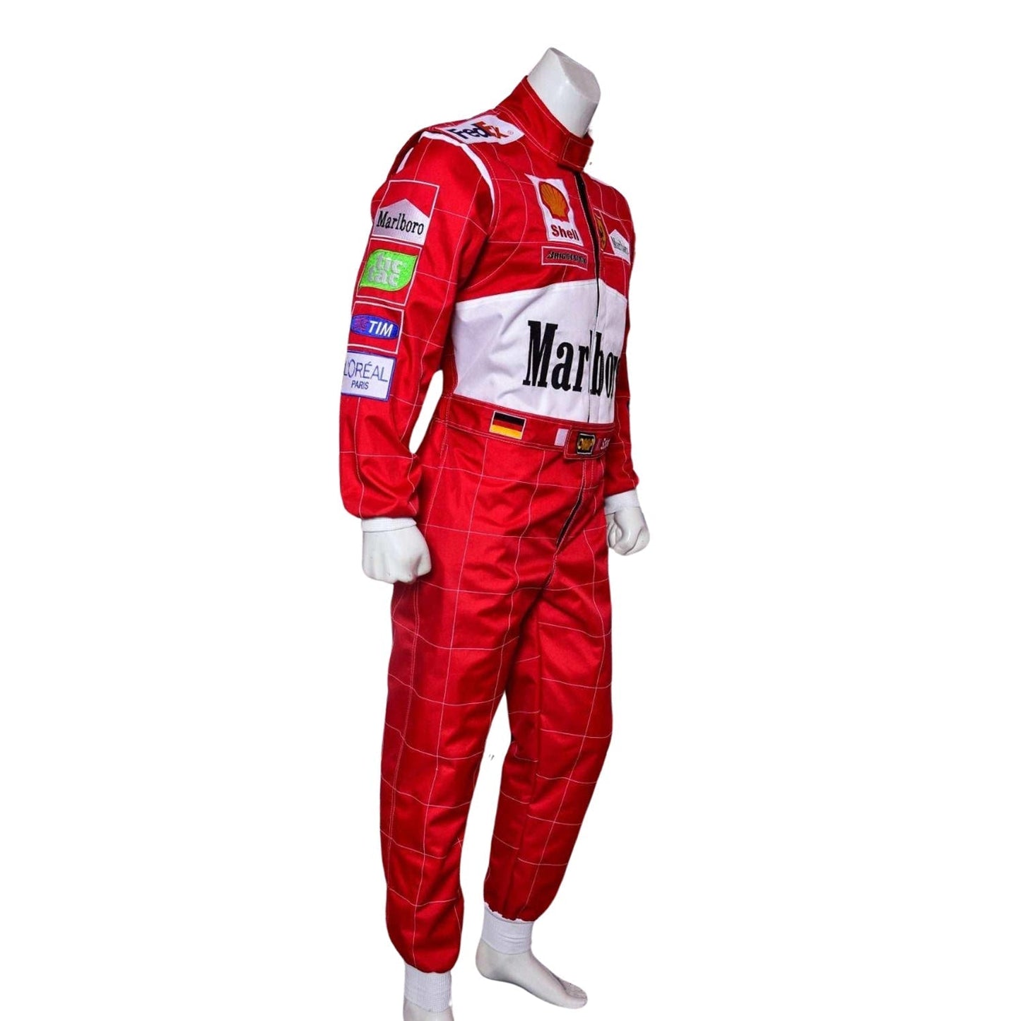 Side angle of the 2001 Schumacher F1 suit showing curved seam design, yellow accents on arms, and racing sponsor logos.