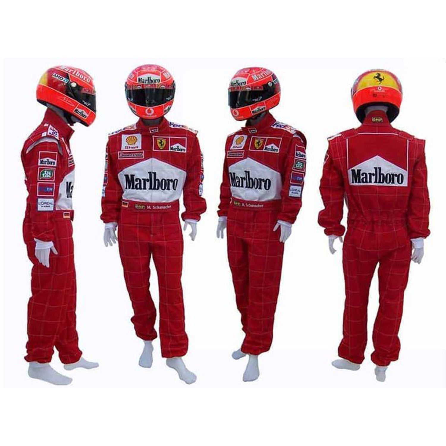 All view of Michael Schumacher’s 2001 Belgian GP F1 racing suit in bright red, featuring stitched sponsor patches and bold yellow highlights.