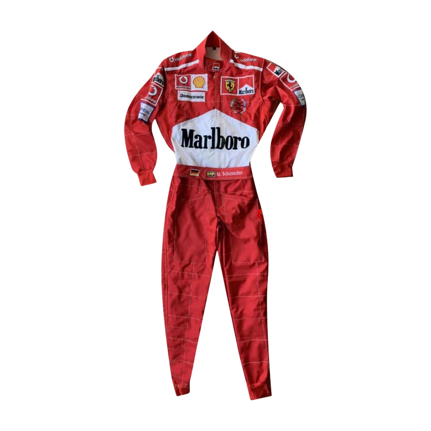 Front view of Michael Schumacher’s 2005 F1 racing suit in signature Ferrari red, with intricate white embroidery and sponsor detailing from the 2005 season.