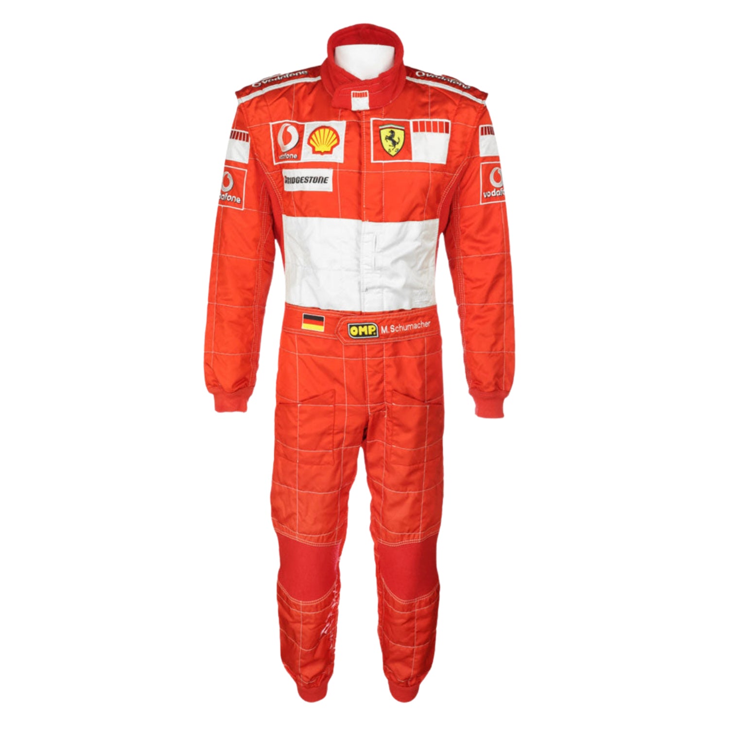 Michael Schumacher 2006 Red Ferrari f1 racing suit with multiple brand logos on a white background