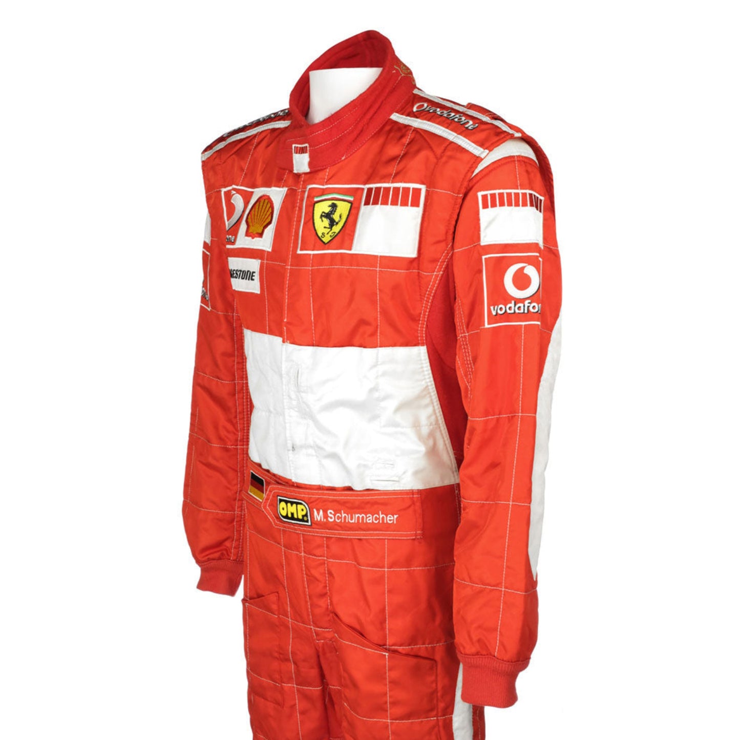 Michael Schumacher 2006 Red ferrari f1 racing suit with various logos on a white background