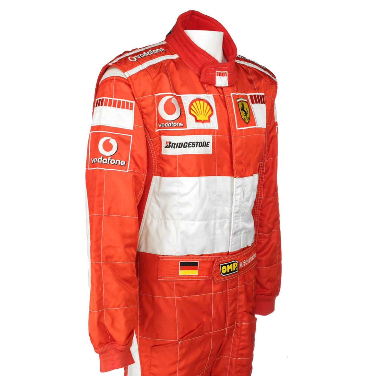 Red racing suit with various sponsor logos on a white background