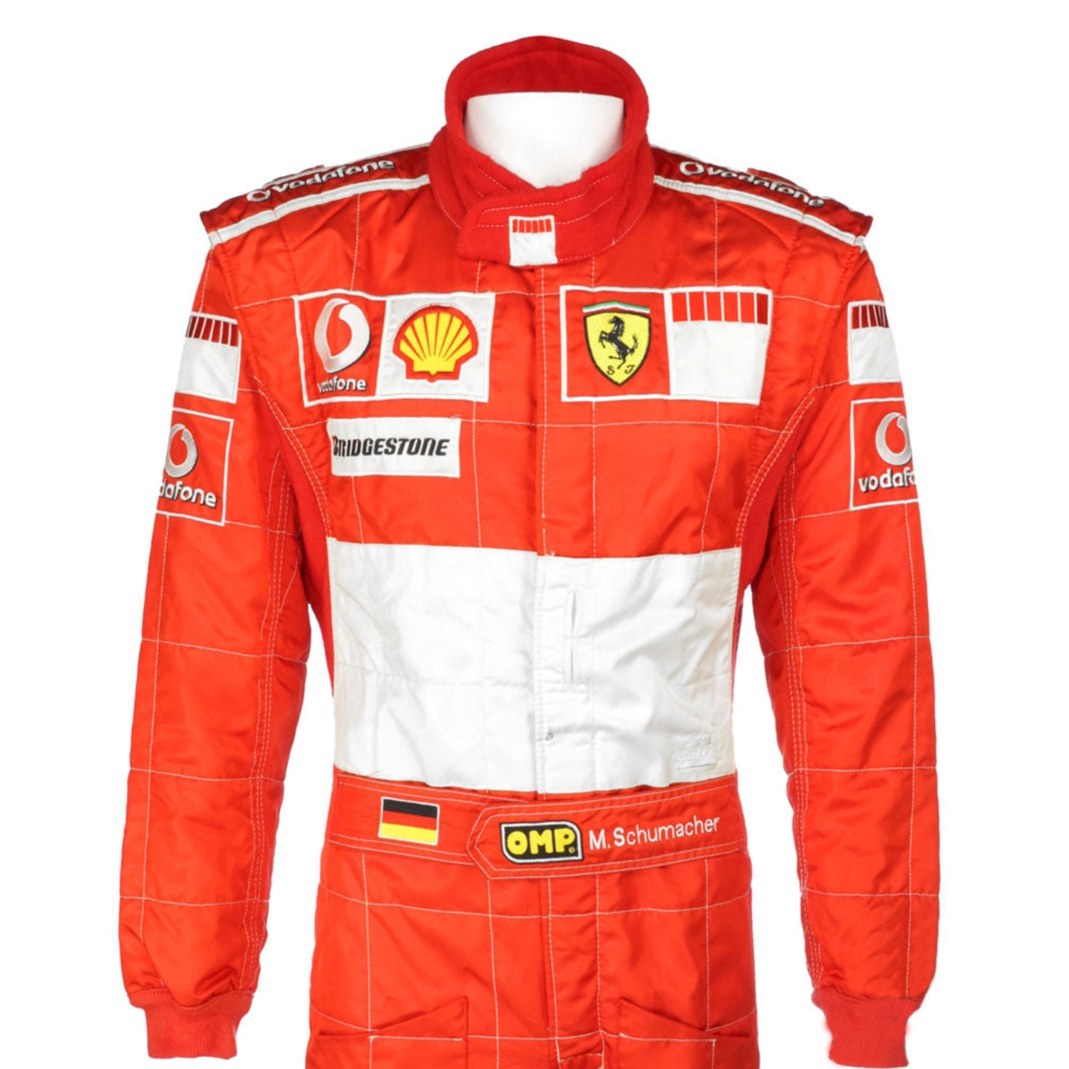 Michael Schumacher 2006 Ferrari Red and white F1 racing suit with various sponsor logos on a white background