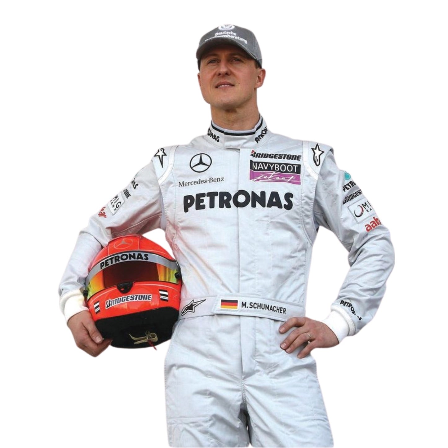 Detailed close-up of the upper chest and shoulder area on Schumacher’s 2010 suit, highlighting team logos and textured fabric stitching.